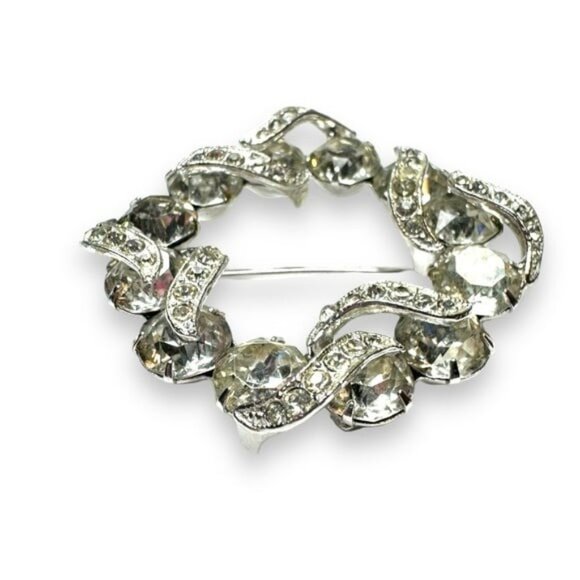 Eisenberg Clear Rhinestone Wreath Brooch Silver Tone Swirl Design Vintage - Picture 3 of 10